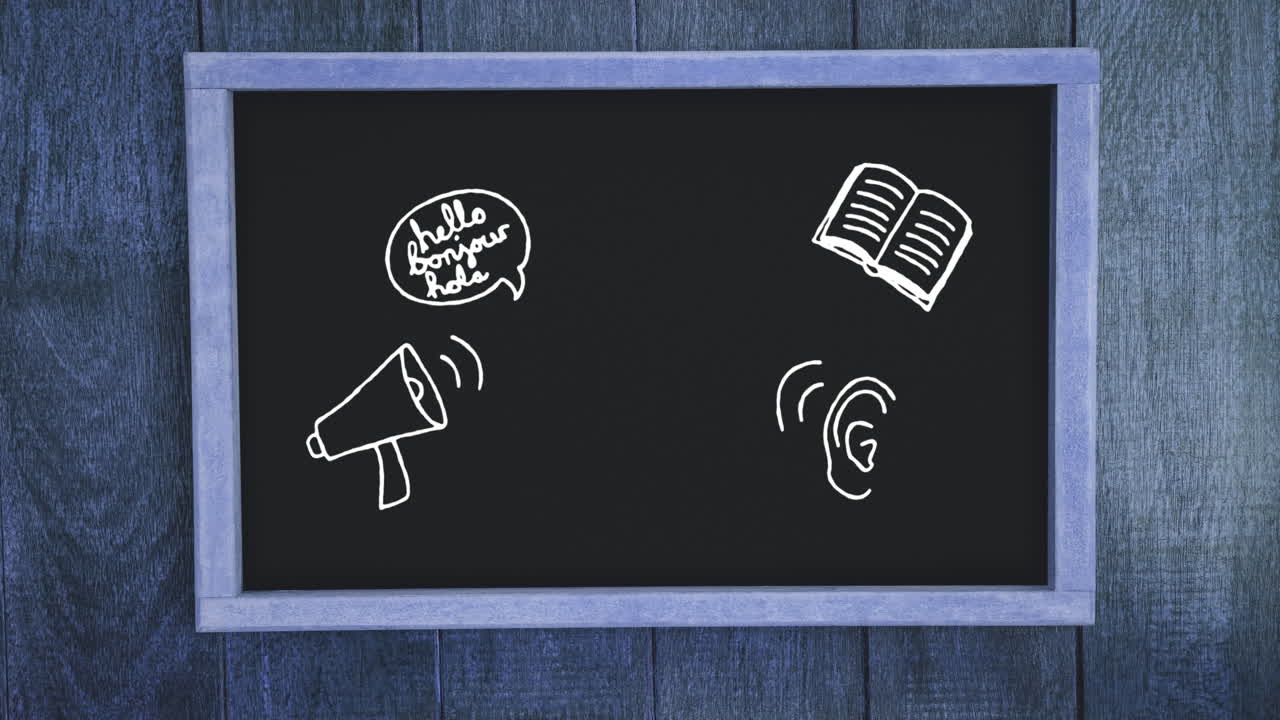 Multiple school concept icons on black board