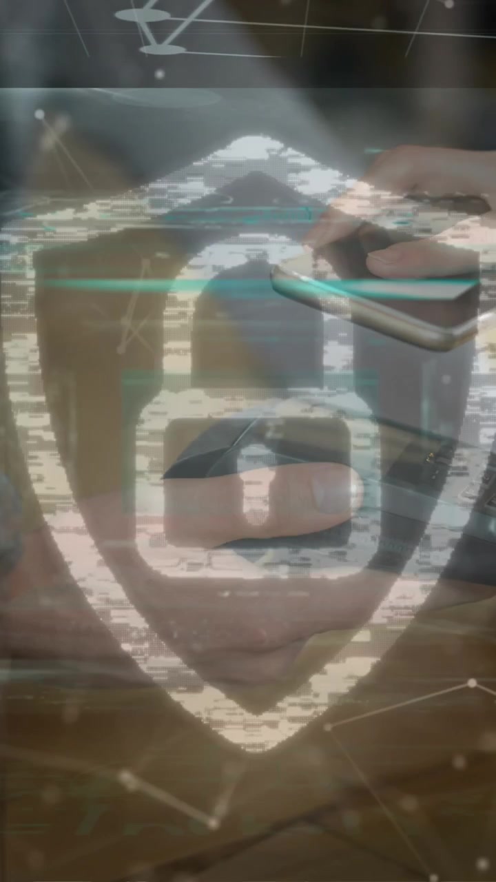 Animation of security padlock and fingerprint scanner over woman making a payment with credit card