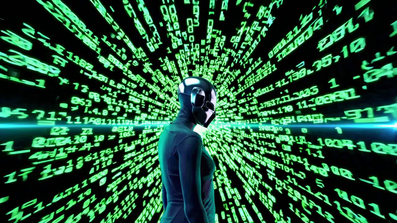 Cyberpunk personage in een digitale tunnel