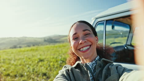 smile, selfie and face of woman by a caravan