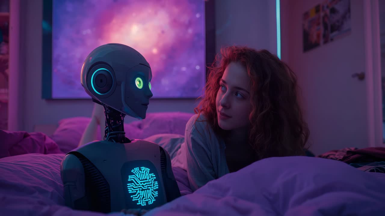 Robot powering on and blinking LED eye and chest panel in teenage bedroom, teenage girl watching