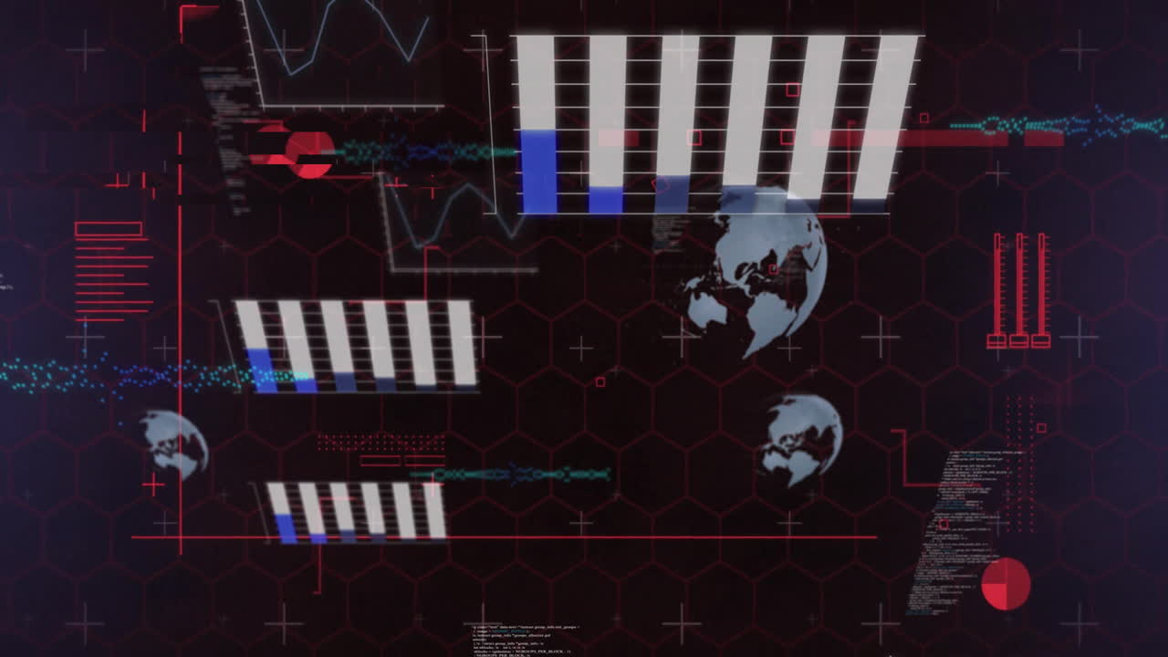 Graphs and charts animation over world map on hexagonal patterned background