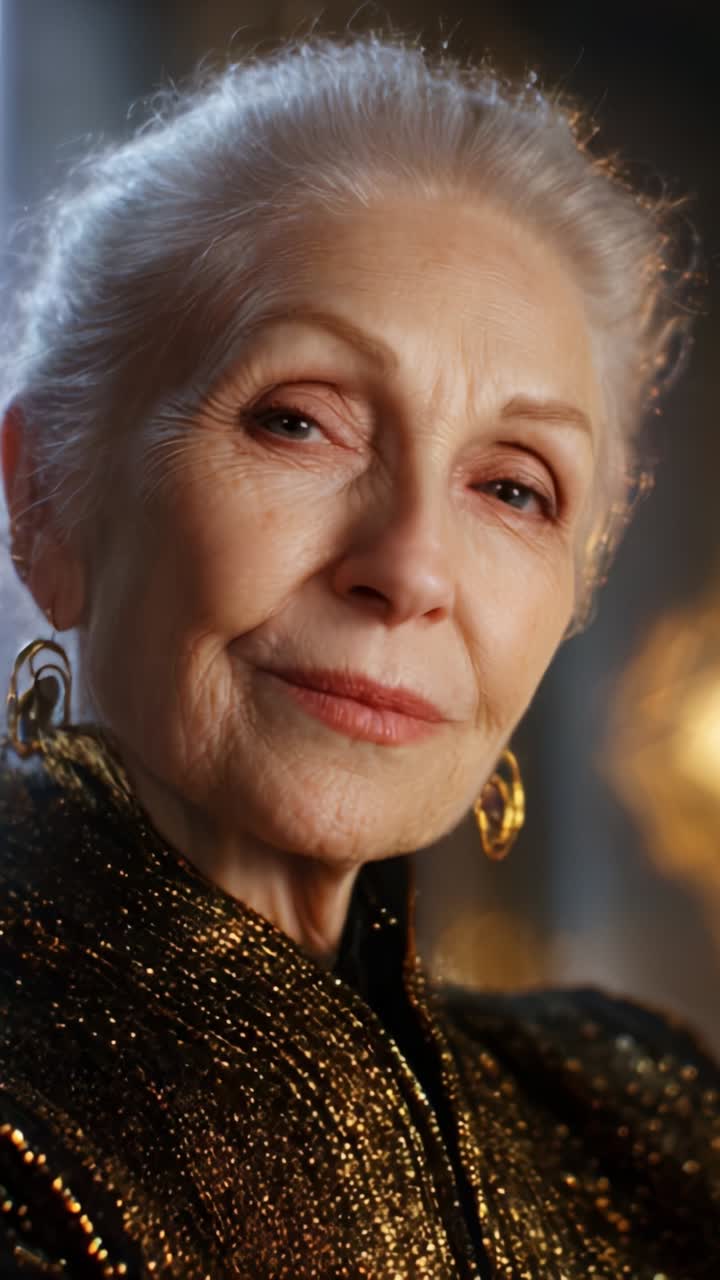 An Elegant Elderly Woman Exudes Grace and Wisdom in a Glamorous Golden Outfit, Capturing the Essence of Timeless Beauty Through a Reflective Gaze