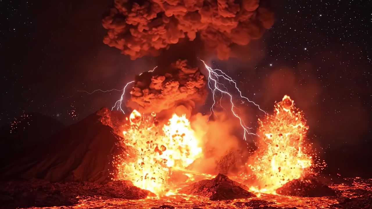 Et spektakulært vulkanutbrudd fanget i fantastiske detaljer, som viser glødende lava, eksplosive askeskyer og en blendende nattehimmel fylt med stjerner.