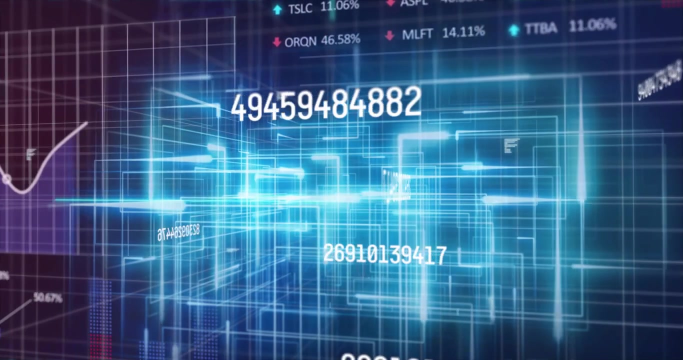 Close-up starting glowing 3D wireframe rotating and revealing drifting numbers into data dashboard