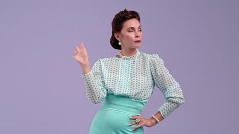 elegant woman in retro attire posing on purple background