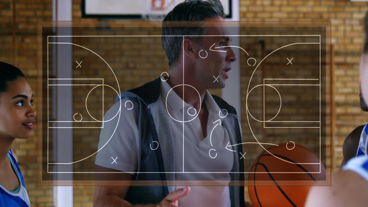 animación de estrategia de baloncesto sobre entrenador y jugador en el gimnasio