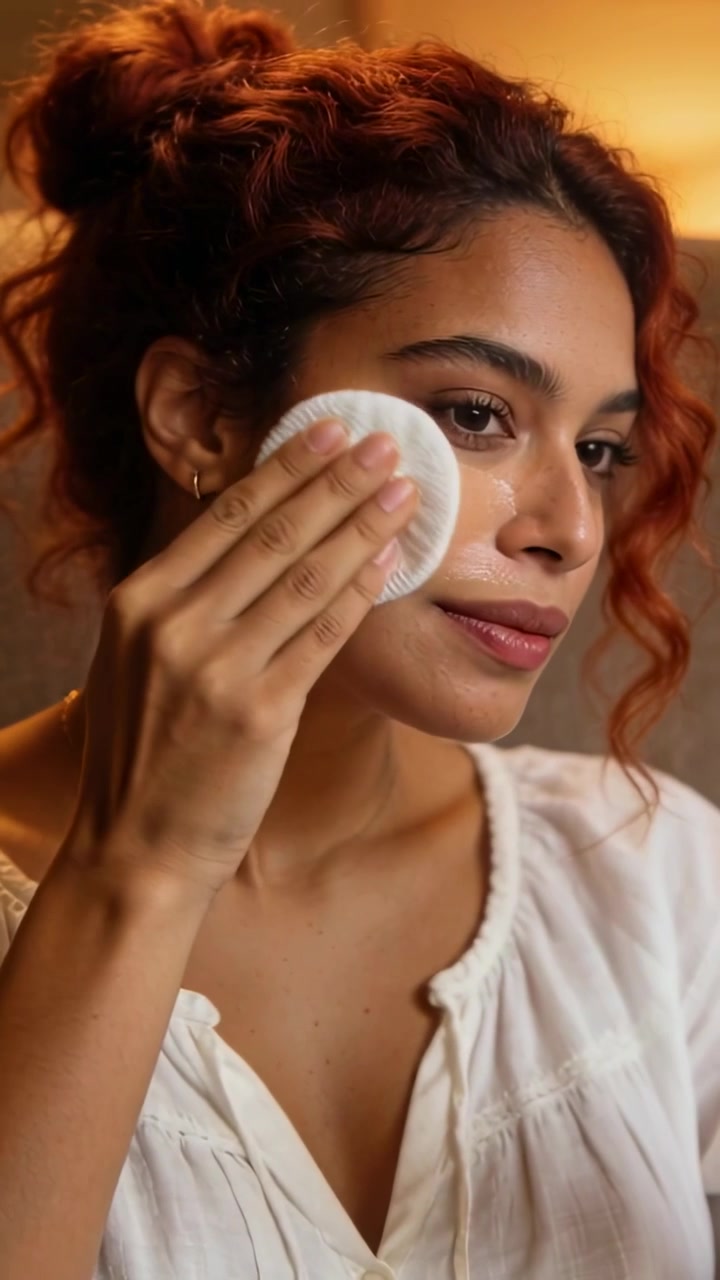 Vertical video: Pressing woman in blouse cleansing cheek after cream dab in chair, wiping with pad