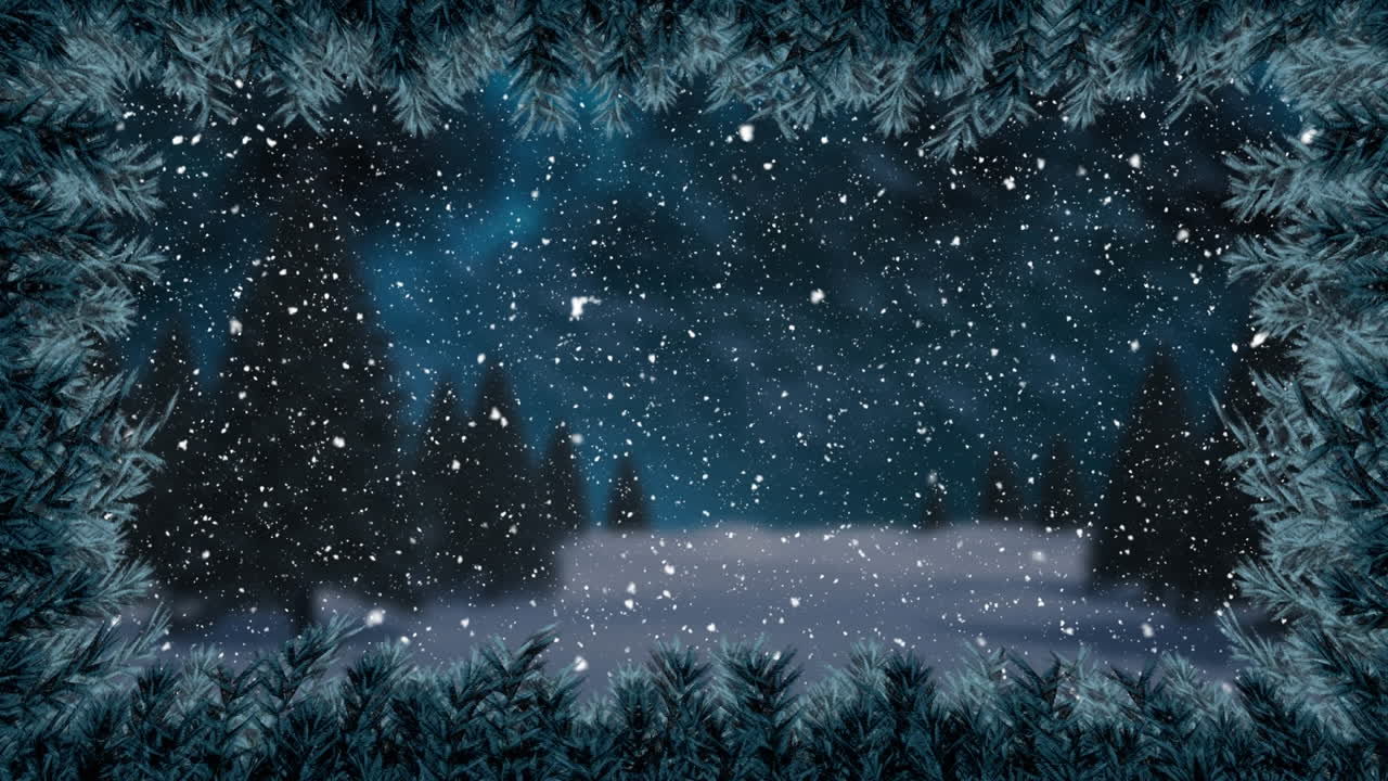Animation of christmas winter scenery with snow falling over trees and fir tree