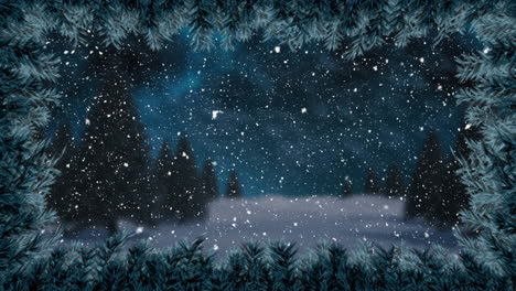 animación de paisaje de invierno de navidad con nieve cayendo sobre árboles y abeto