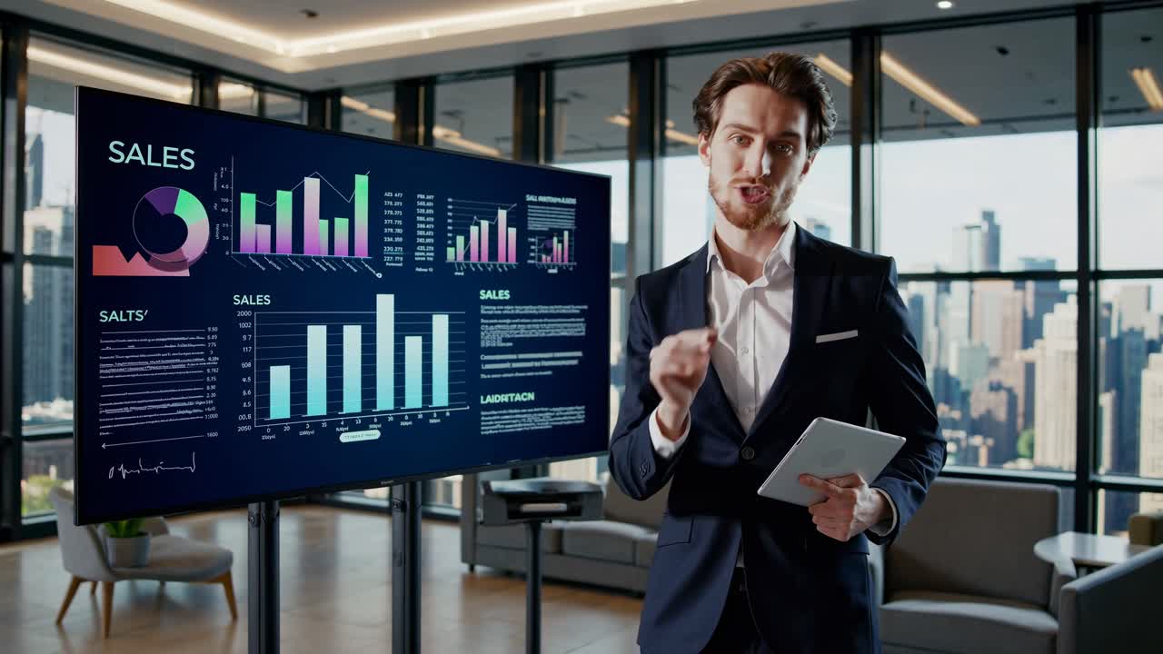 A professional in a suit presents sales data on a screen in a modern office