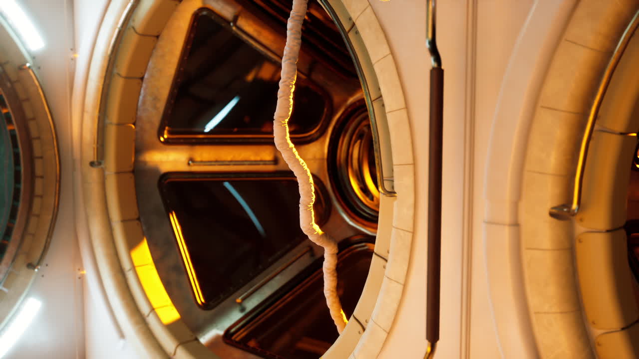 Futuristic space station interior with glowing lights and unique design