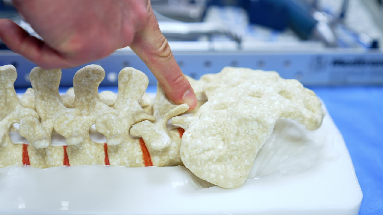 Mock-up of the human spine. Male hands point at the dummy. Close up. Neurosurgery practice.