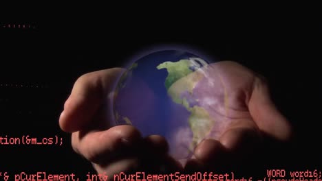 códigos de interfaz y manos sosteniendo un globo