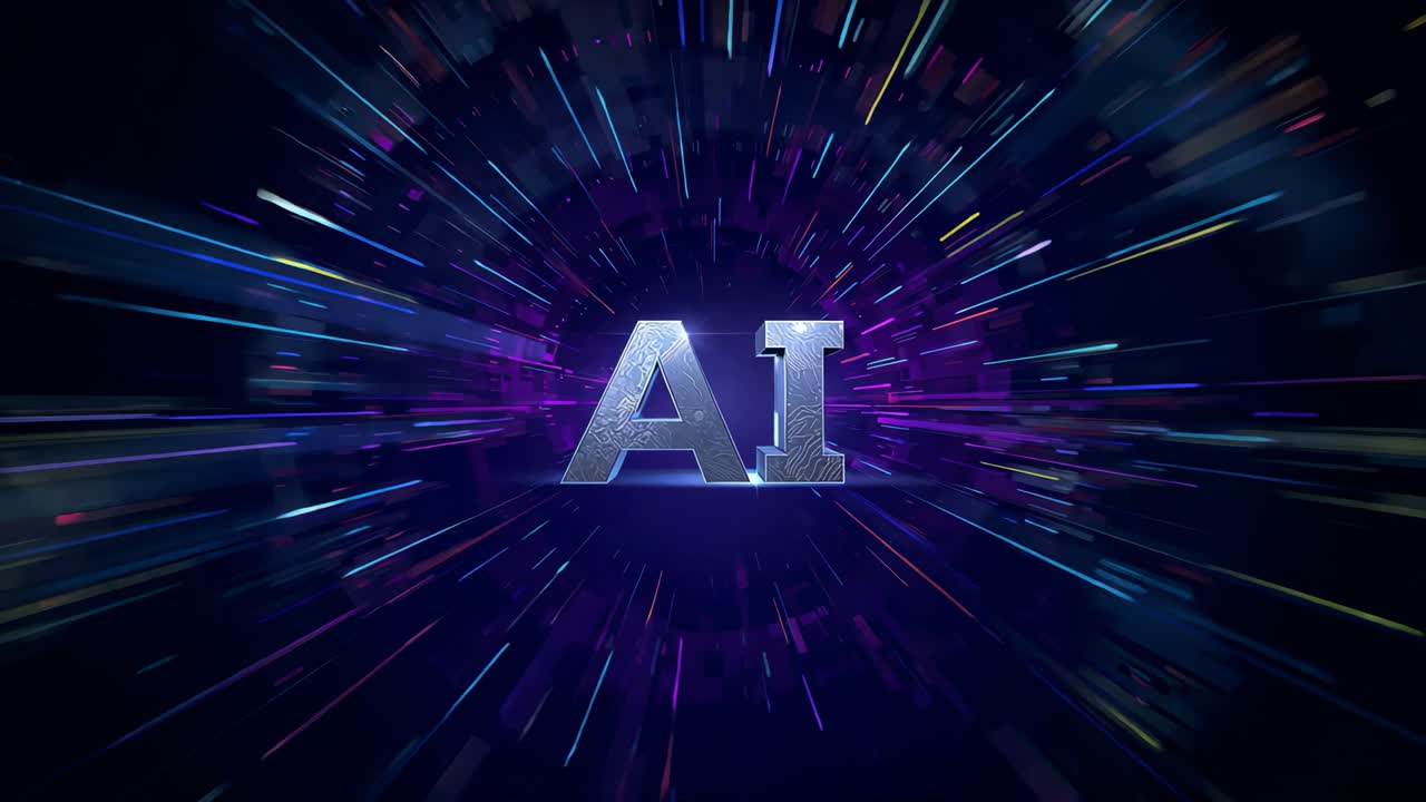Bursting purple core revealing central metallic AI emblem while neon streaks radiating in CG studio