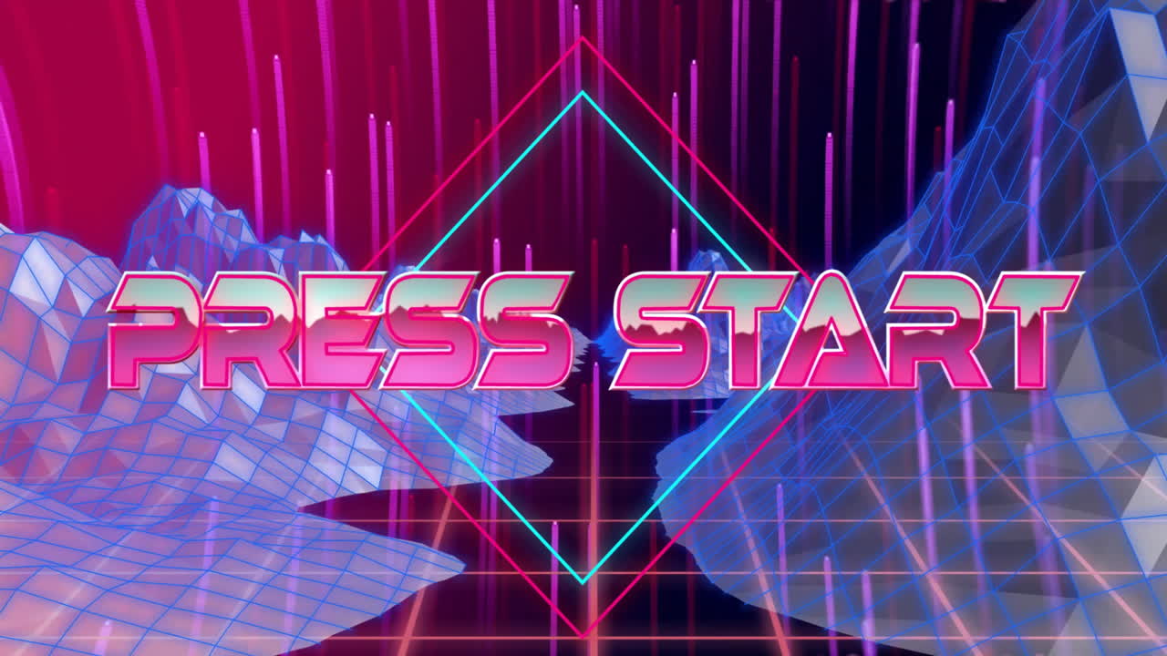 Press Start text animation over neon grid and geometric mountains