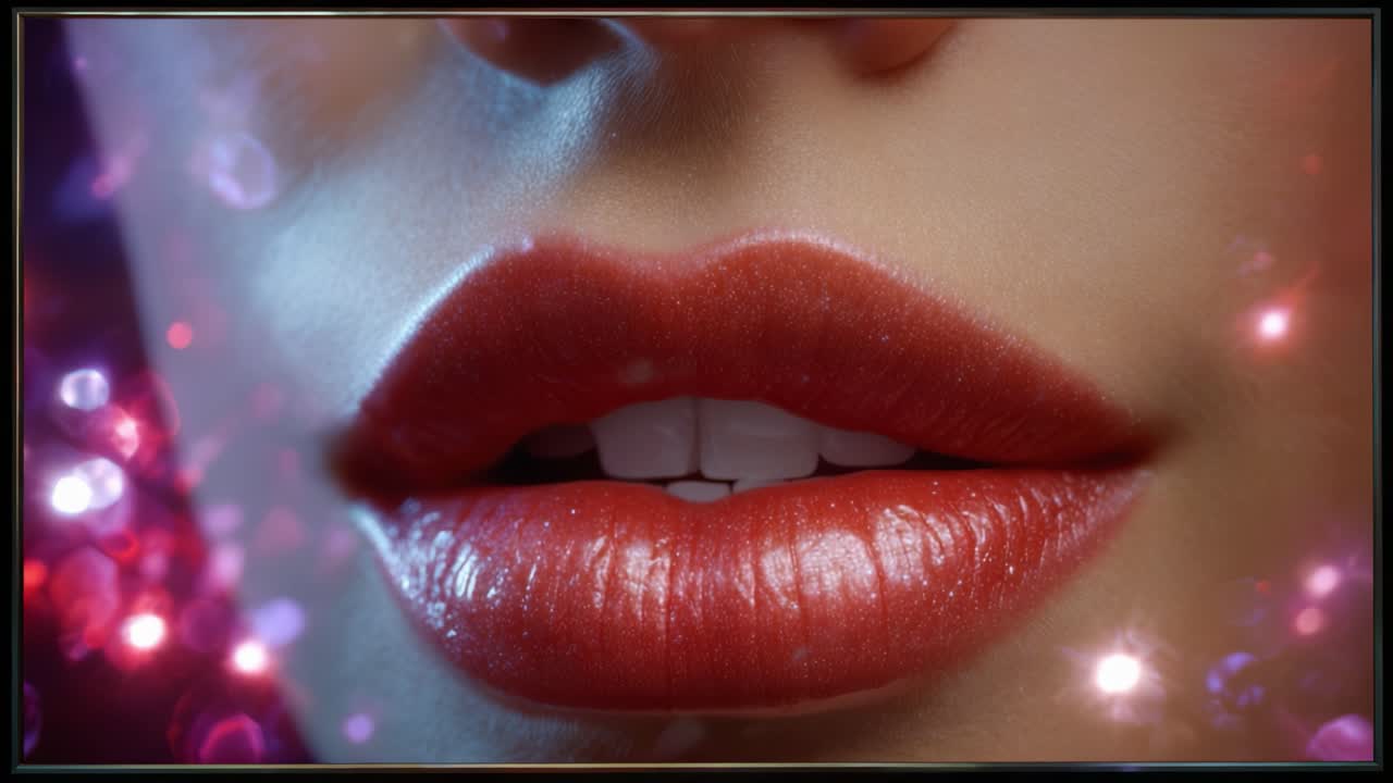 Close-Up of Glossy Lips with Shimmering Background and Reflections, Capturing the Essence of Beauty and Sensuality in a Striking Visual Display