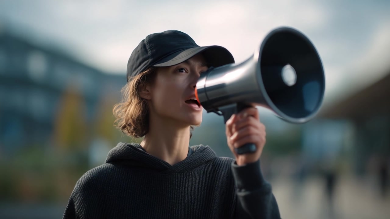 Eine junge Person, die leidenschaftlich für ihre Sache eintritt, ein Megafon hält, eine starke Botschaft in einem sozialen oder politischen Umfeld vermittelt und das Publikum um sich herum fesselt.