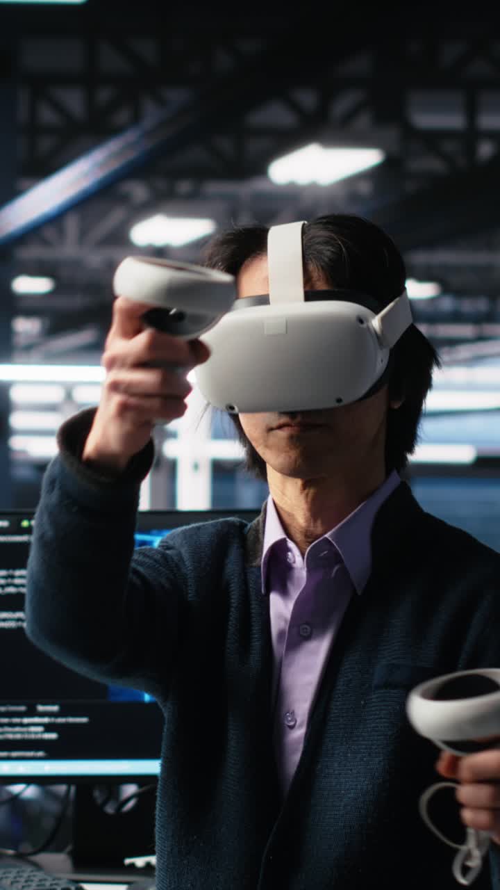 Vertical video Data center engineer using virtual reality, managing AI systems