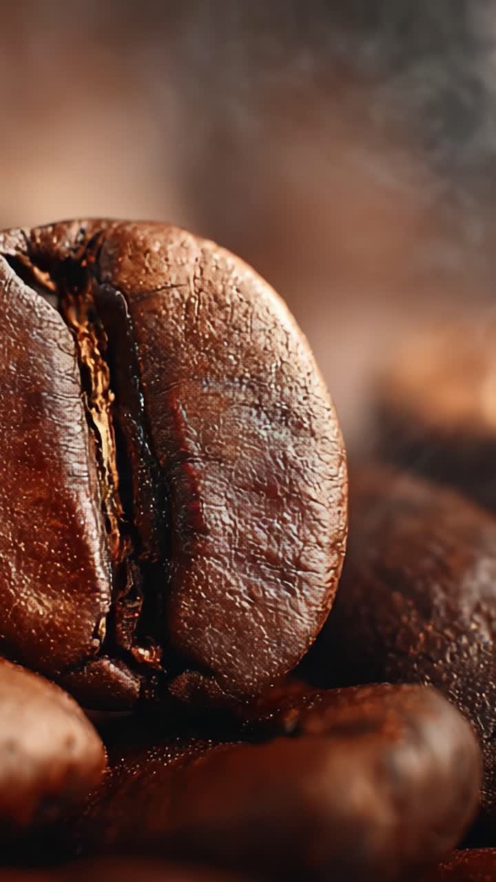 Nærbillede af Mørkristede Kaffebønner, der Fremhæver Deres Rige Tekstur og Aroma på en Varm Baggrund, Perfekt til Kaffeelskere og Kendere