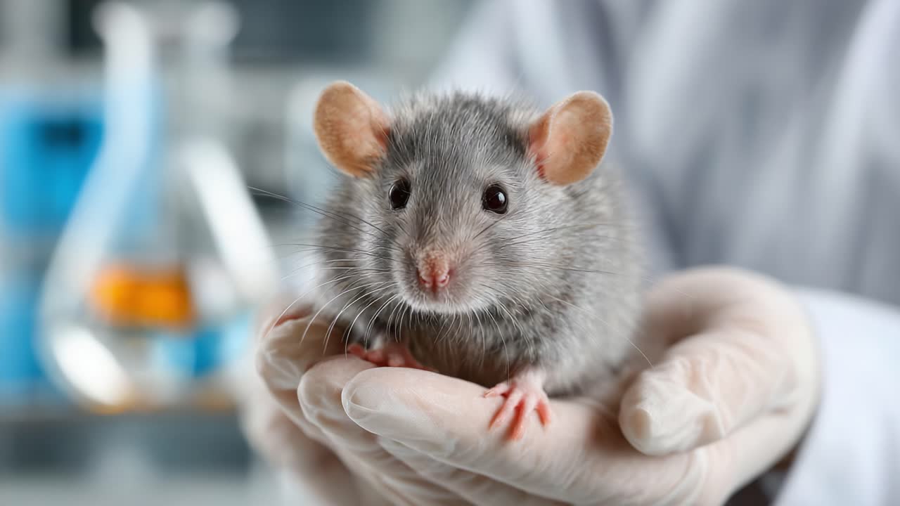 A close-up view of a gray laboratory mouse being held with care in a gloved hand, symbolizing the essential role of animal research in scientific studies and advancements