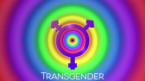 animación de texto y símbolo transgénero sobre círculos de arco iris y colores que se mueven en un bucle sin costuras.