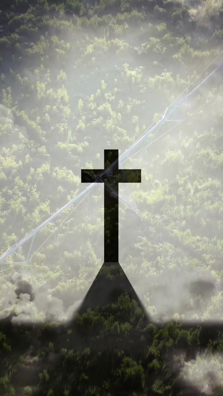 Video verticale: Raggio che si muove, forma a croce che si mantiene, nebbia che si dirada, ombra che cresce, rivelando una torre.