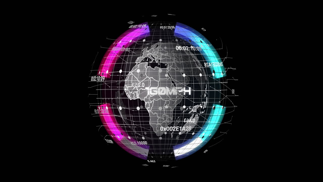 검은 바탕에 전 세계에 걸쳐 디지털 데이터 처리의 애니메이션
