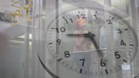 animation of ticking clock against diverse man and woman discussing in elevator at office