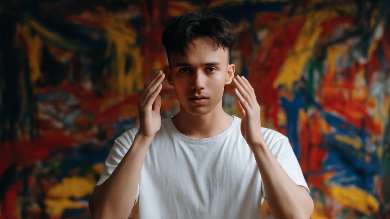 A poignant transformation: Witness the emotional journey of a young man captured between expressions of despair and renewal against a vibrant, abstract backdrop