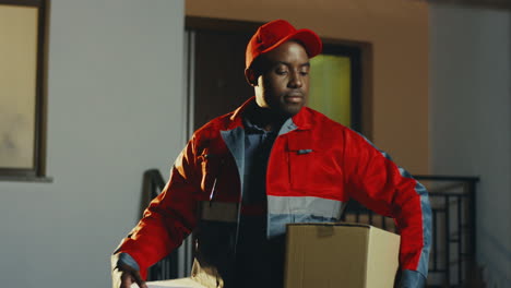 Portrait-Of-The-Young-And-Cheerful-Mailman-In-The-Red-Costume-And-A-Cap-With-A-Box-Looking-At-The-Side-And-Then-Turning-His-Head-To-The-Camera-In-The-Evening
