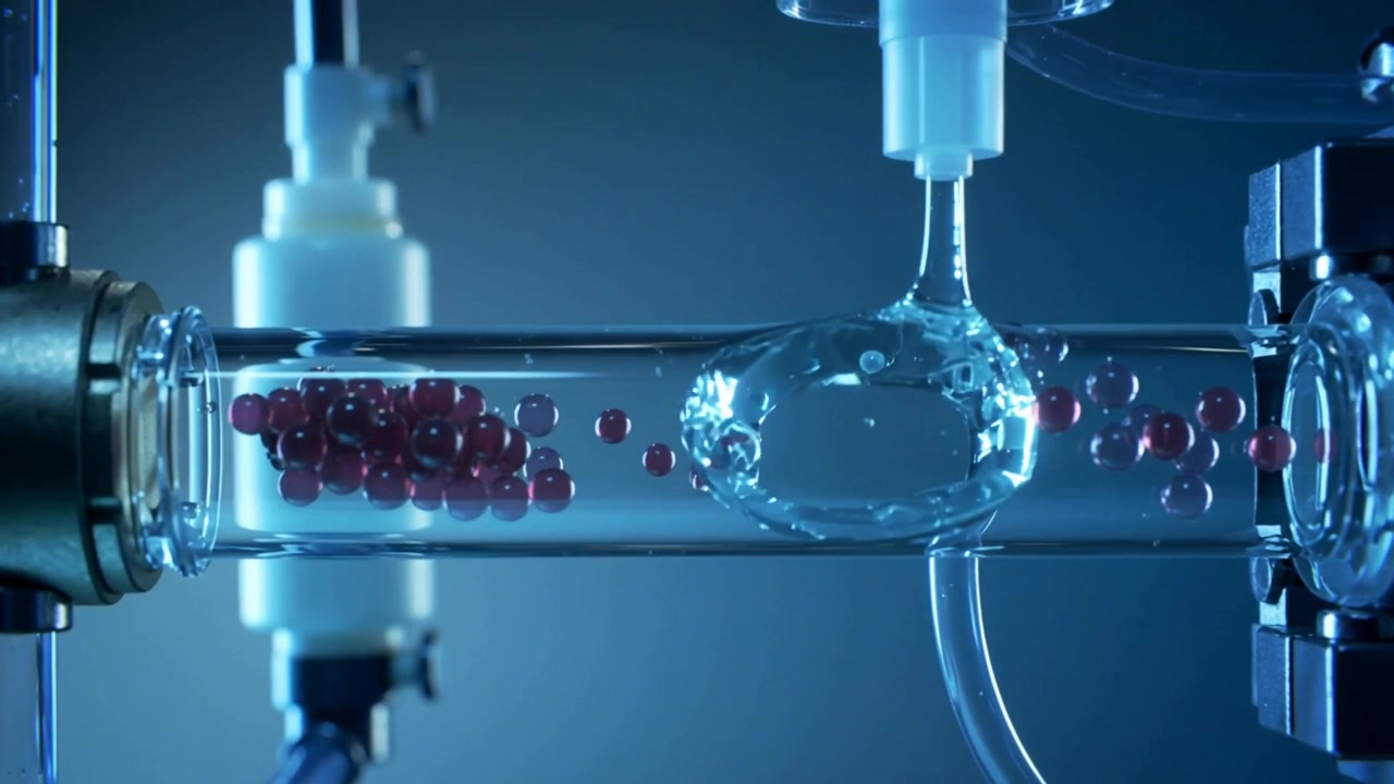 Dispensing white nozzle releasing fluid into glass flow tube on lab bench, displacing red beads