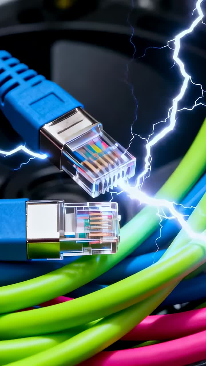 Vertical video: Camera panning blue RJ45 plug sliding past pink cables, white cable tie securing