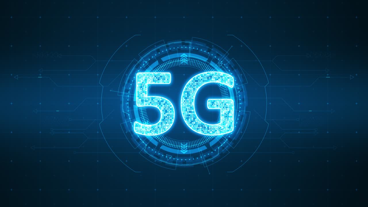 motion graphic del logo blu 5g con interfaccia tecnologica a cerchio di rotazione e elementi futuristici sfondo astratto