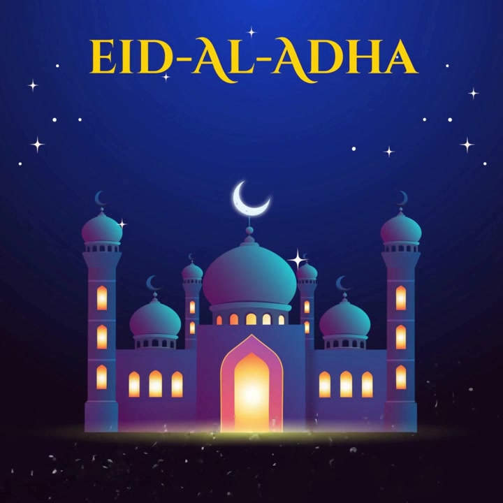 Elegante poster di auguri Eid Al Adha con capre bianche e moschea luminosa di notte