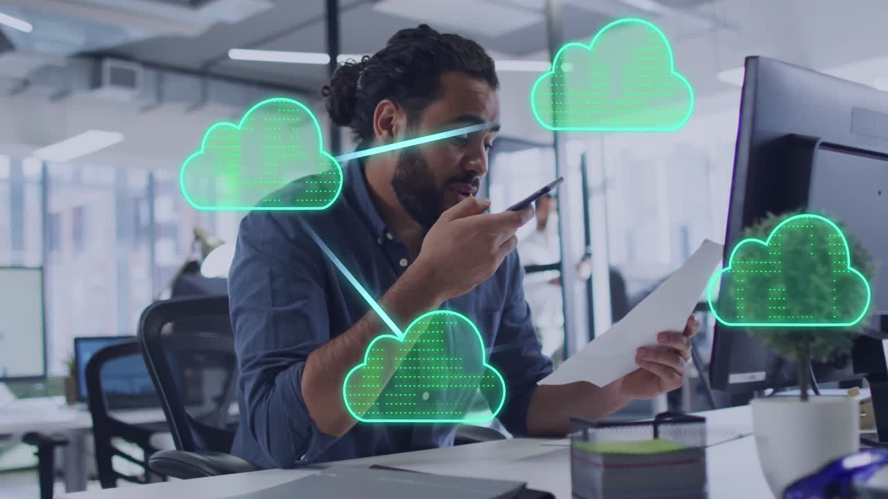 Animation of clouds and data processing over biracial businessman in office