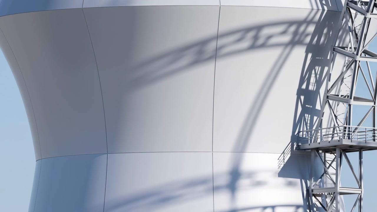 Grande parete industriale bianca curva con una struttura a traliccio metallico accanto, creando forti ombre diagonali in piena luce diurna in un impianto energetico