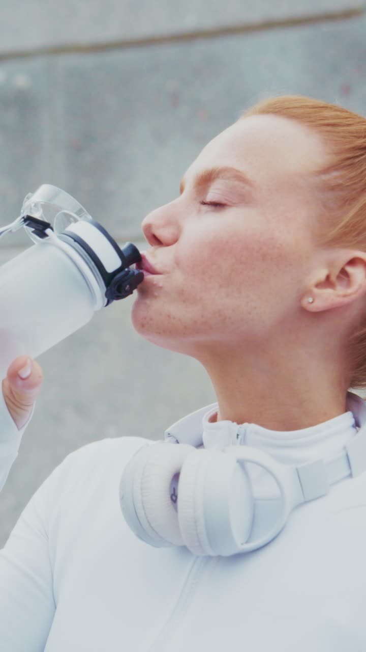 A young woman in a white athletic outfit enjoys a refreshing moment while wearing headphones, holding a water bottle, radiating relaxation and wellness outdoors