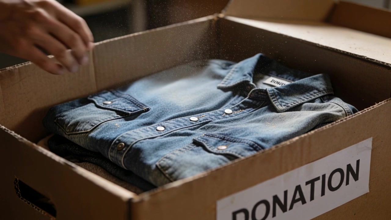 Entering from left, green-sleeved hand smoothing denim shirt in donation box on sorting table