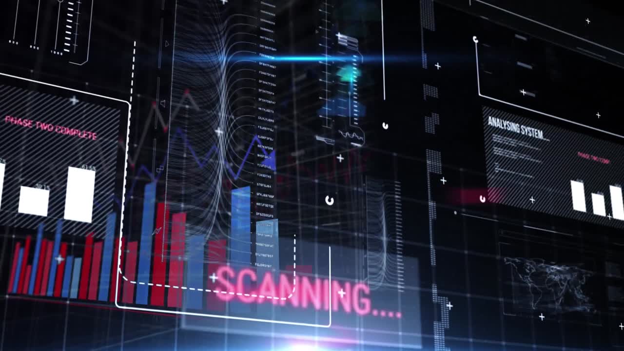 Animation of financial data processing on black background