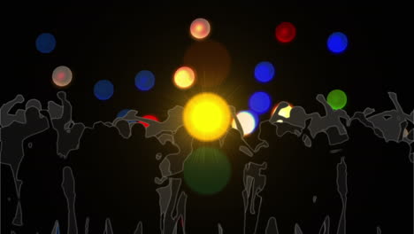 animación digital de puntos coloridos de luz contra la silueta de personas bailando