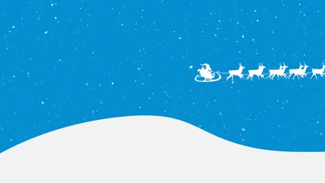 Animation-of-santa-claus-in-sleigh-with-reindeer-moving-over-snow-falling-on-blue-background