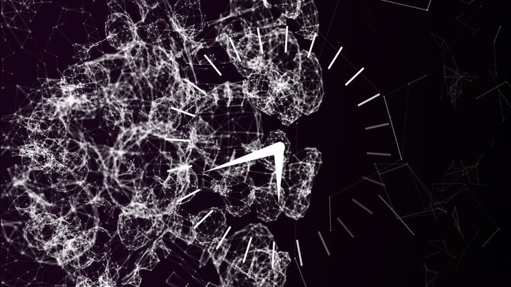 Animazione di un orologio in movimento su connessioni su sfondo nero.