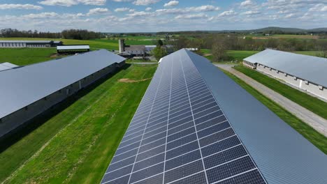 Modern-farm-with-solar-panels-installed-on-roof-of-barn-building