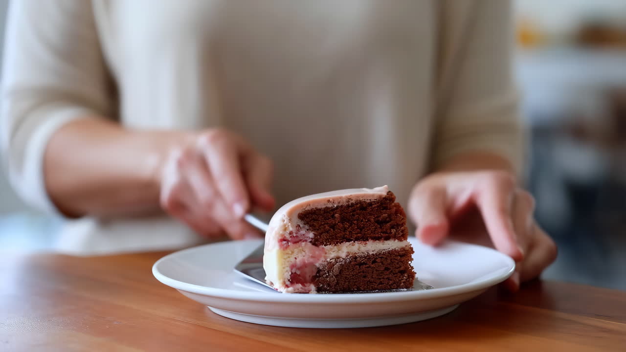 Person serving a slice of chocolate cake