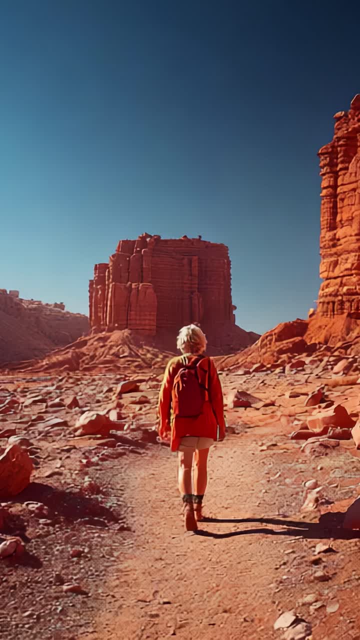 A solitary figure explores a breathtaking desert landscape with towering red rock formations under a clear blue sky, embodying adventure and discovery in nature