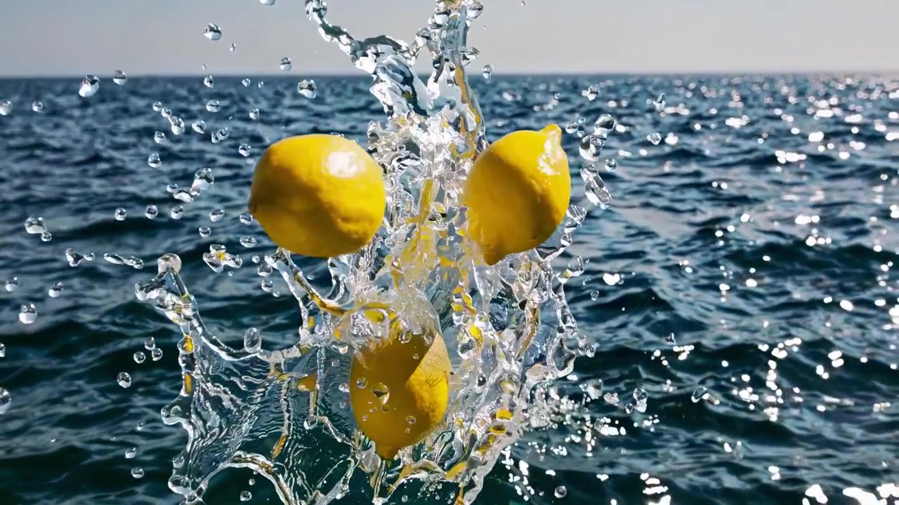 Slow Motion Lemons Splashing into Blue Ocean Water