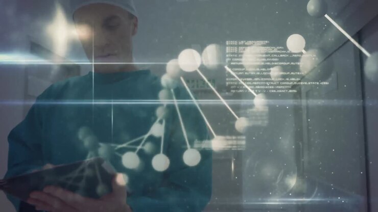 3d dna structure spinning and data processing against male surgeon using digital tablet while walkin