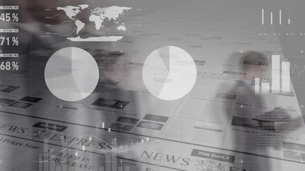 Animation of data processing and diagrams over business people walking