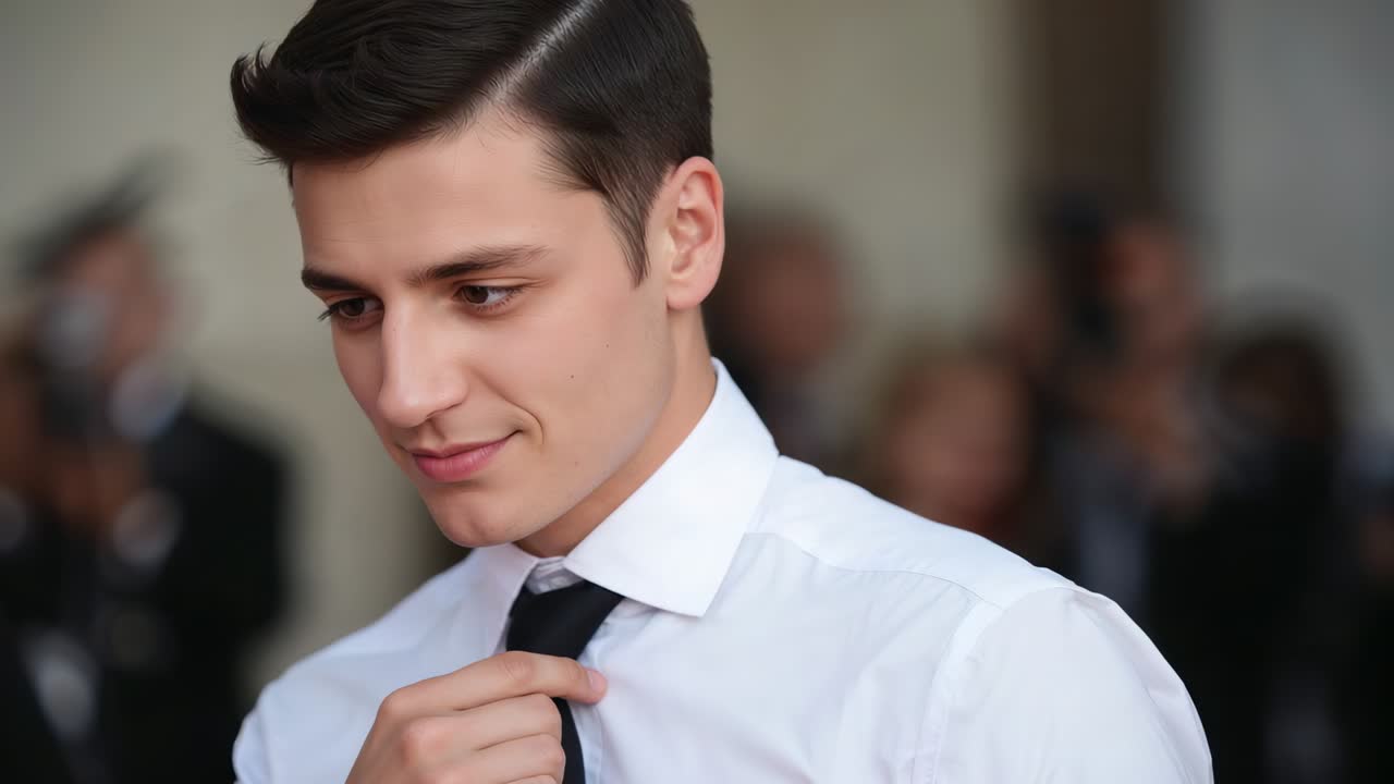 Responding to camera cue, man adjusting black necktie on white shirt, turning head left at event